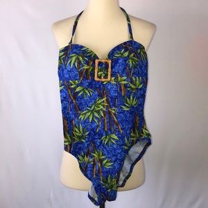 Beach Bay Blue & Green Bamboo One Piece Halter Swimsuit - Size 6